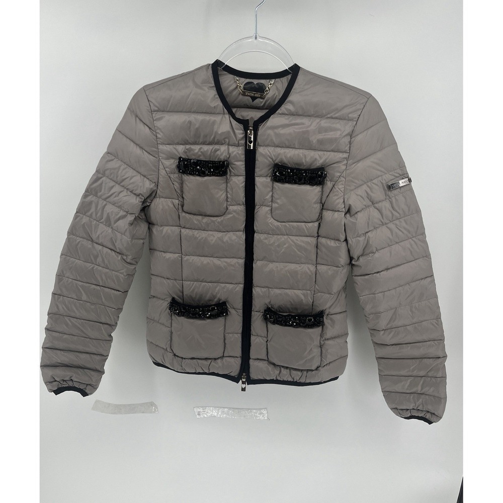 Twin-Set Simona Barbieri Puffer Jacket Grey Beaded Pockets Down Fill Womens XS